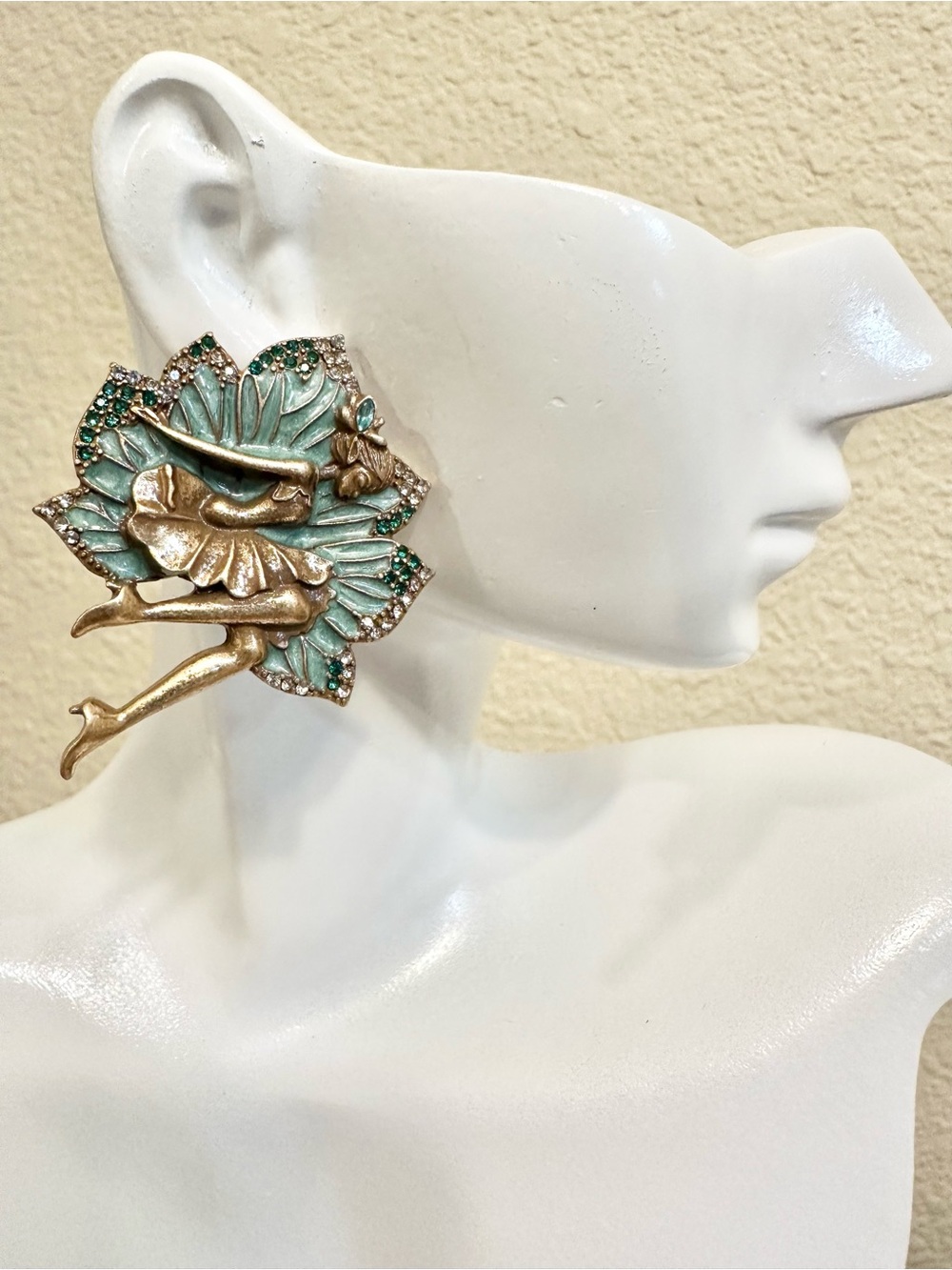 Gold and Teal Fairy Floral Statement Earrings - Women Jewelry